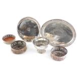 Various silver plated ware, old Sheffield plate, etc., a waiter of circular form with textured outli