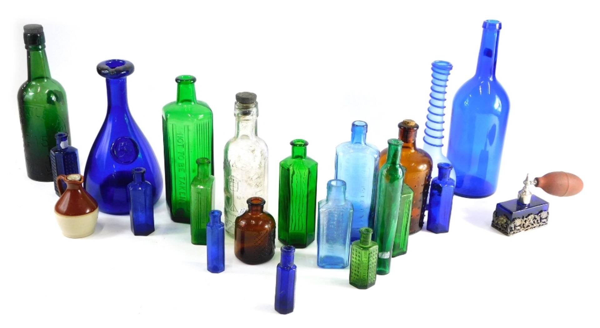 Various glassware, a Liam Wheatley & Son a15 green glass bottle with stopper, a Bristol blue glass s