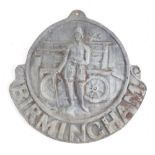 A lead Birmingham Fire Mark Fire Insurance Company plaque, raised with figure and fire truck, marked