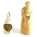 Various pottery and effects, a Worcester blush ivory monk candle snuffer, 14cms high, and an owl Wor