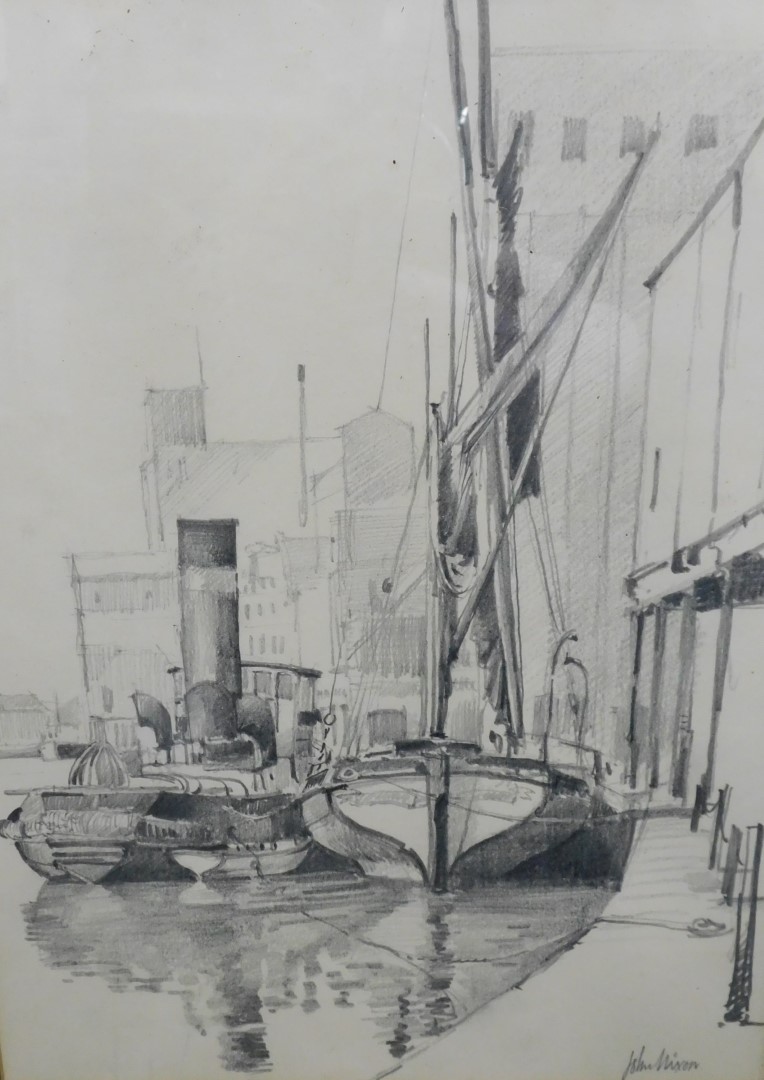 John Nixon (d.1921). Steam boat and sailing boat on a canal, pencil, signed, 33cm x 24cm. - Image 2 of 4