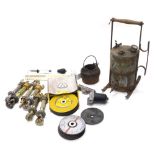 Various metalware, a miniature cauldron, the main body 17cm high, bulldog grinding wheel, grease gun