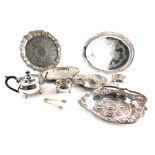 Various silver plated ware, a salver with piecrust edge, 29cm wide, basket with swing handle, three