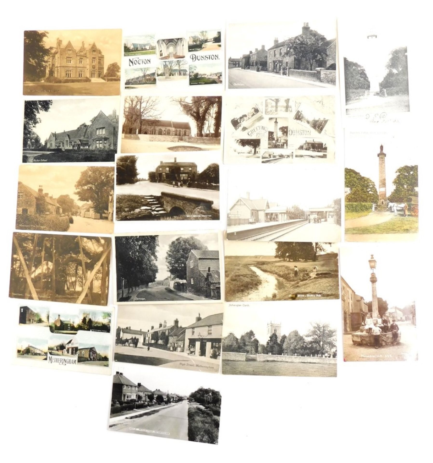 Various 20thC Lincolnshire postcards, villages Nocton, The School, The Village, Dunston Beck Bridge,