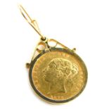 A Victorian gold shield back half sovereign 1872, in 9ct gold earring setting, 4cm high, 5.5g all in