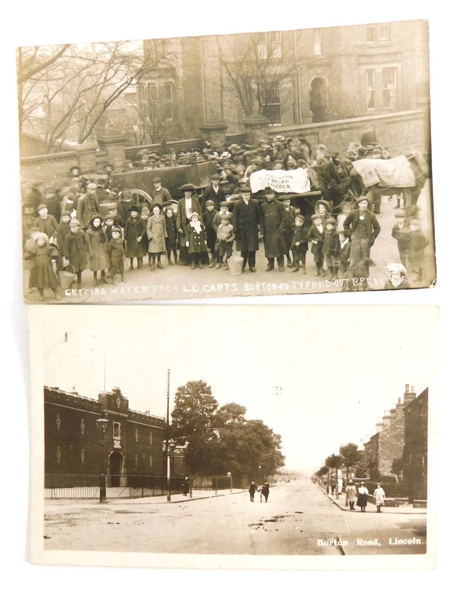 A 20thC Lincoln city postcard, Typhoid Getting Water From LC Carts, Burton Road, and another of Burt