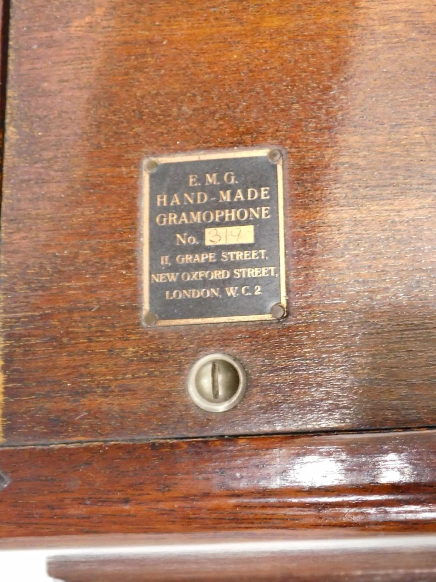 A 1920s EMG handmade gramophone number 319, with Grape Street, New Oxford Street, London label, of r - Image 2 of 3