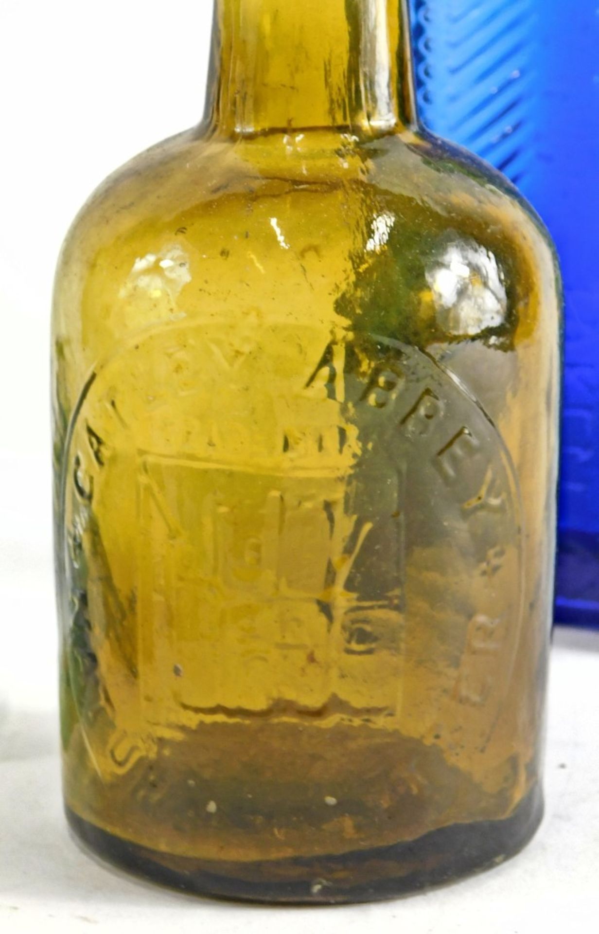 Various glassware, green glass bottle, a Clarke's Miraculous Salve jar, inverted blue glass poison b - Image 5 of 7