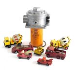 Various diecast vehicles, part stove with associated box, cement mixer 7cm high etc (a quantity).