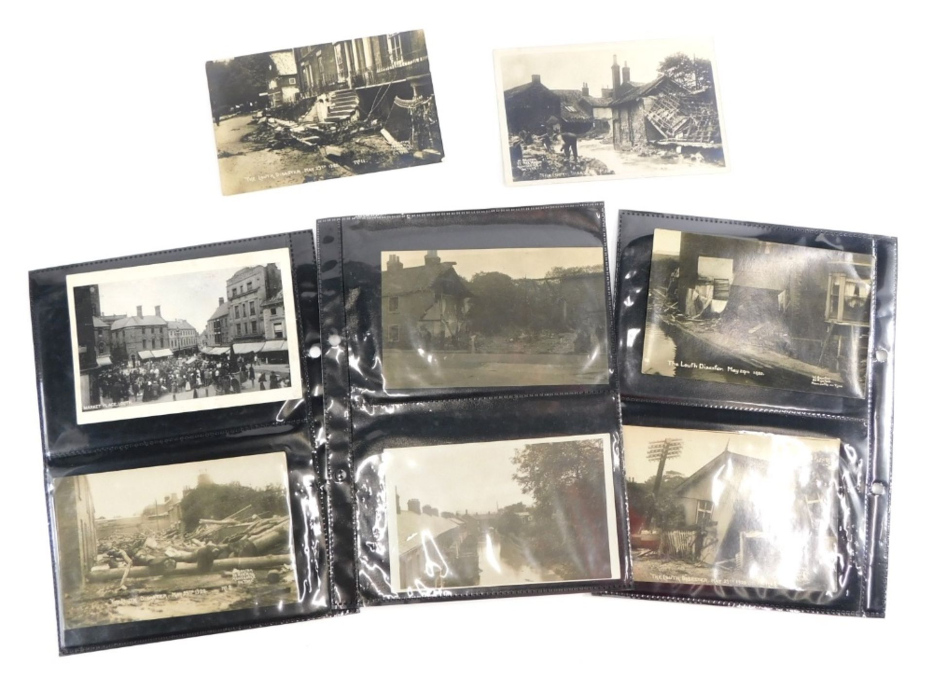 Various Lincolnshire Louth postcards, Louth Disaster cards, destroyed buildings, flood cards, etc.,