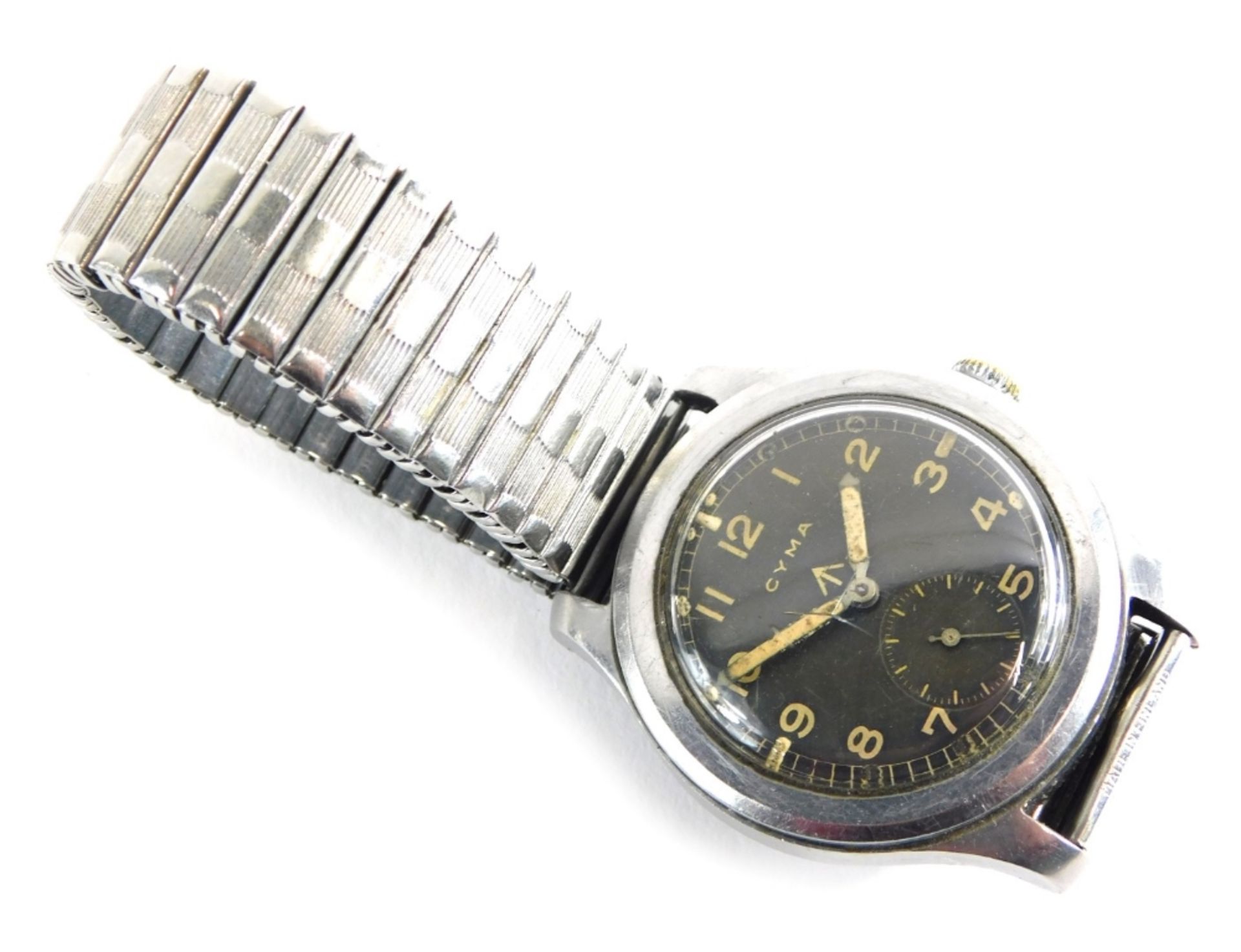 A CYMA military Dirty Dozen wristwatch, with black dial, luminous Arabic numerals, signed with broad