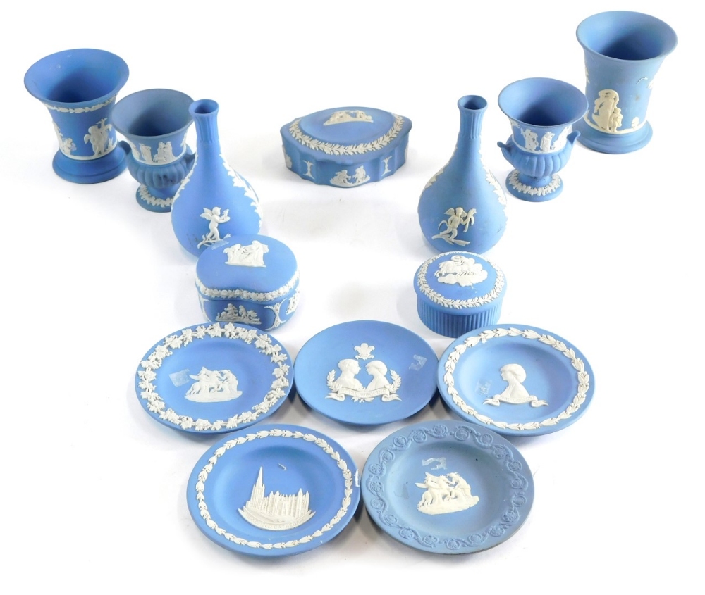 Various Wedgwood blue Jasperware pottery, matched pair of vases, raised with classical figures, 14cm