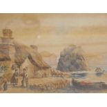 19thC School. Figures before cottage with calm sea and cliffs in the distance, watercolour unsigned,