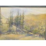 B. V. (20thC). Hut in a forest landscape with hills in the distance, watercolour, initialled, 37cm x