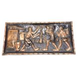 An unusual tribal style copper wall hanging, raised with figures before huts, unsigned, 46cm x 92cm.