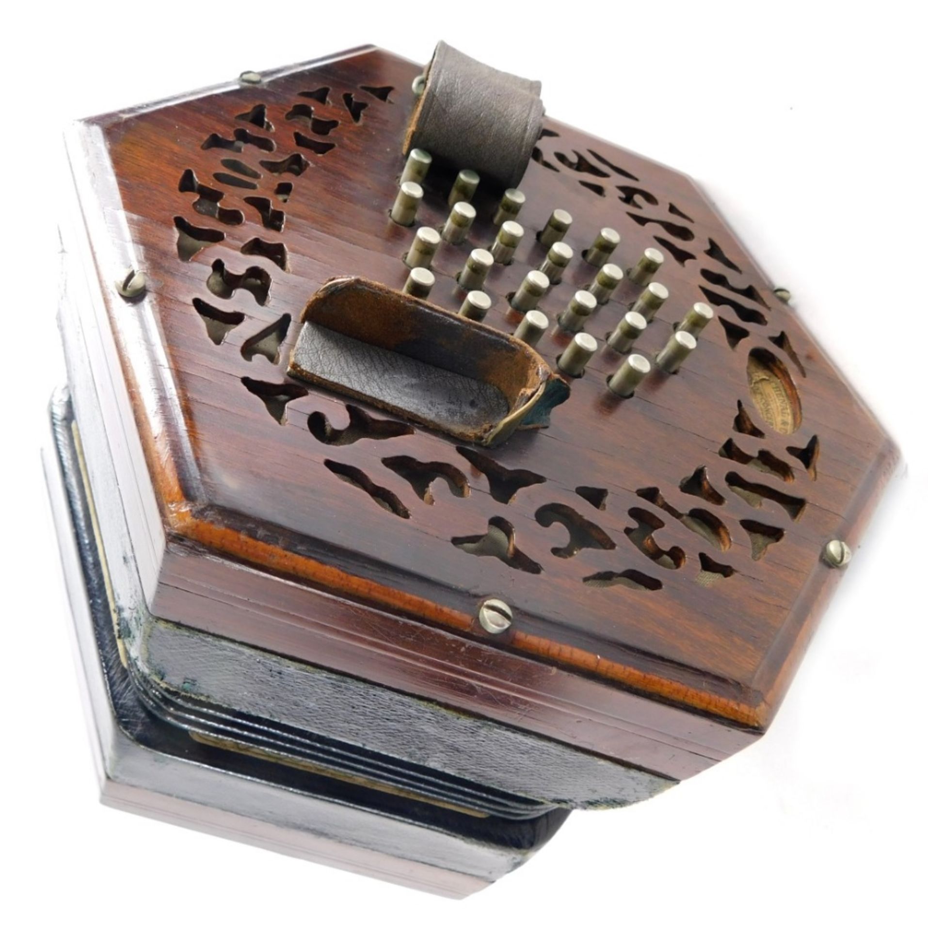 A 19thC Lachenal and Co London concertina, with 48 chrome buttons, in fitted case, 19cm high, labell