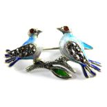 A costume jewellery bar brooch, formed as two birds, with enamel decoration, with marcasite wings an