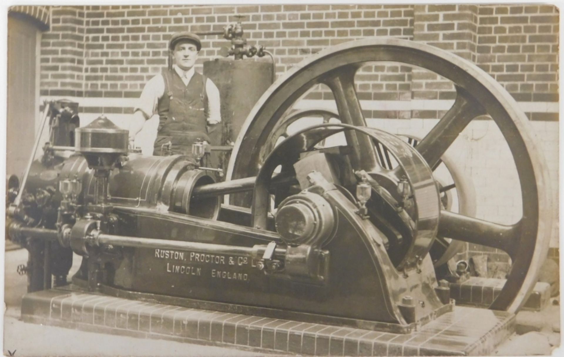 An early 20thC Ruston Proctor & Co Lincoln stationary engine postcard, date marked 1916, 9cm x 14cm.