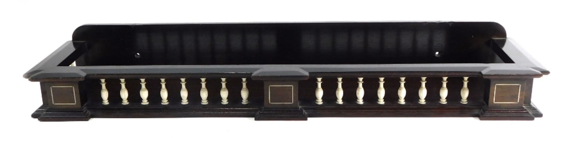 A late 19thC Anglo Dutch style ebony and bone galleried shelf, with shaped back, turned urn supports