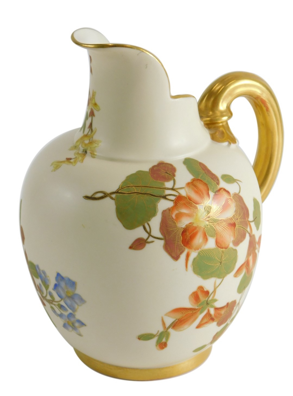 An early 20thC Royal Worcester Mermod and Jaccard blush ivory jug, with tusk spout, strap C scroll h