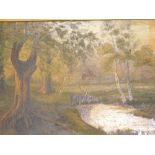 W. B. (20thC). Forest landscape deer beside stream, oil on board, signed and dated 1925, 30cm x 47cm