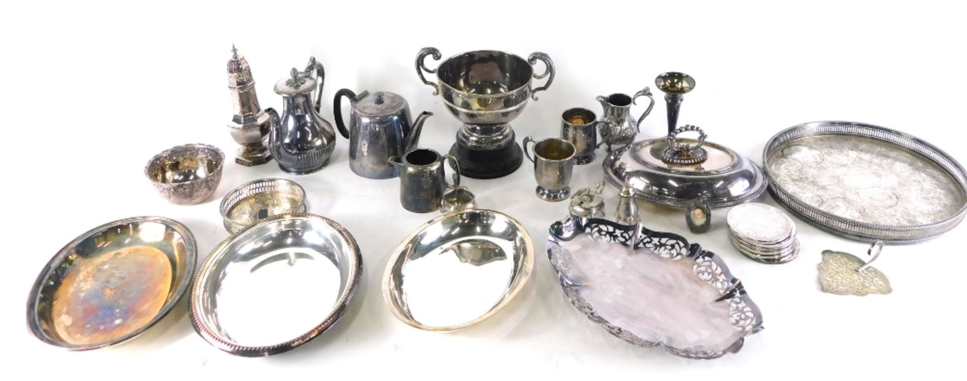 Various silver plated ware, large sugar sifter, 17cm high, coasters, entree dish, galleried edge tra