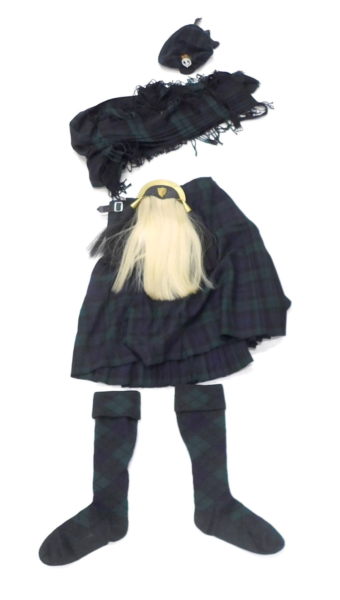 A Black Watch Tartan kilt, with sash, scarf, tie, and socks, all in Black Watch Tartan, sizes unknow