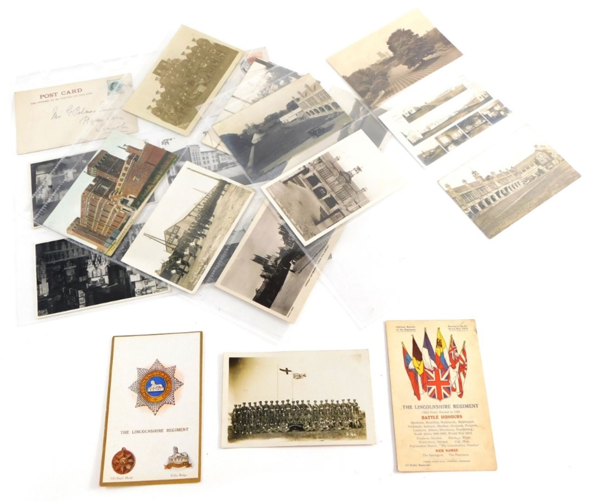 Various 20thC Lincoln city postcards, COOP Burton Road photographic print, Lincolnshire Regiment car