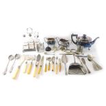 Various silver plated ware, an early 20thC three piece tea service, fish servers with faux handles,