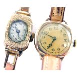 Two 9ct gold cased wristwatches, comprising one hexagonal set with engraved dial on a plated strap,