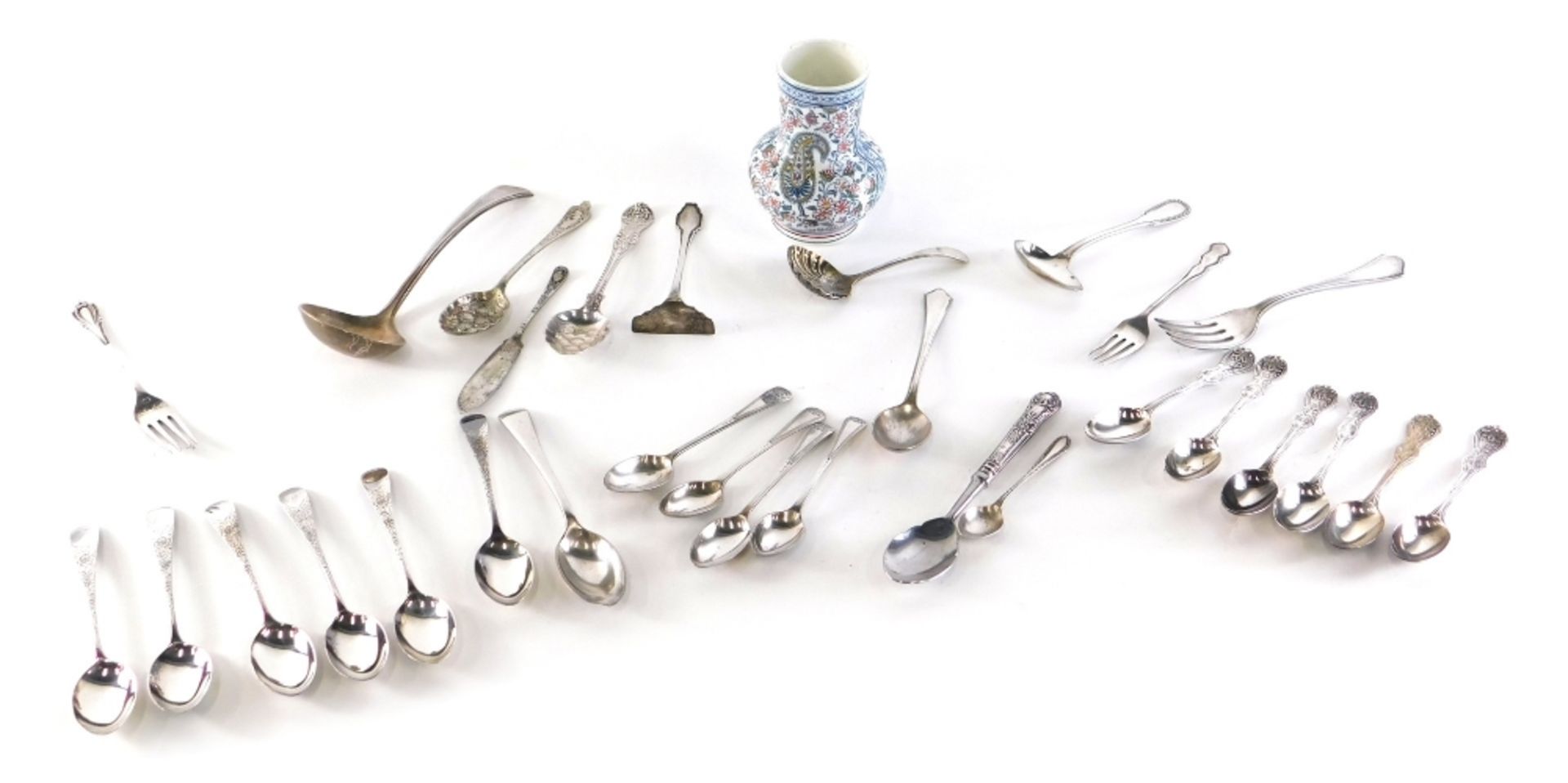 Various silver and silver plated flatware, preserve spoons, Fiddle pattern teaspoons, etc., various