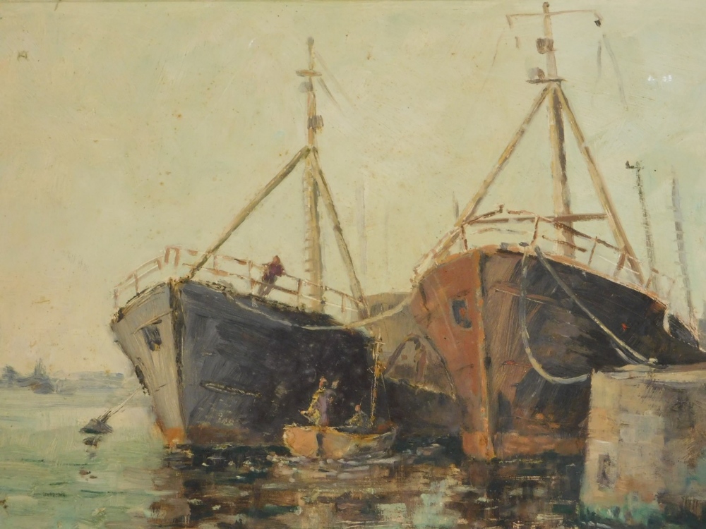 Wilfred C. Sutton (20thC). Longshaw Boat and Trawlers, oil on board, signed, 43cm x 58cm.