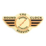 A Round The Clock Phone Service sign, with raised black lettering, numbered 2766326, 32cm wide.