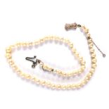 A cultured pearl single strand neck chain, the cultured pearl on knotted string strand, with a white