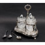A George III silver preserve stand, with three associated cut glass lidded jars with and silver spoo
