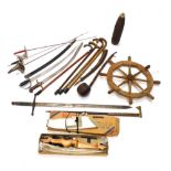 Various treen, decorative items and effects, pine ship wheel, 62cm wide, sword in scabbard, curved s