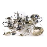 Various silver plated and other teaware, three piece service, flatware, repousse decorated two handl