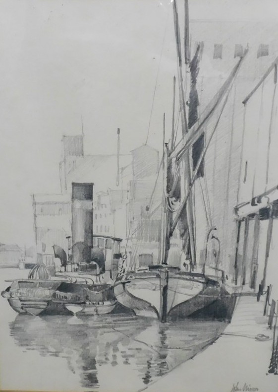 John Nixon (d.1921). Steam boat and sailing boat on a canal, pencil, signed, 33cm x 24cm.