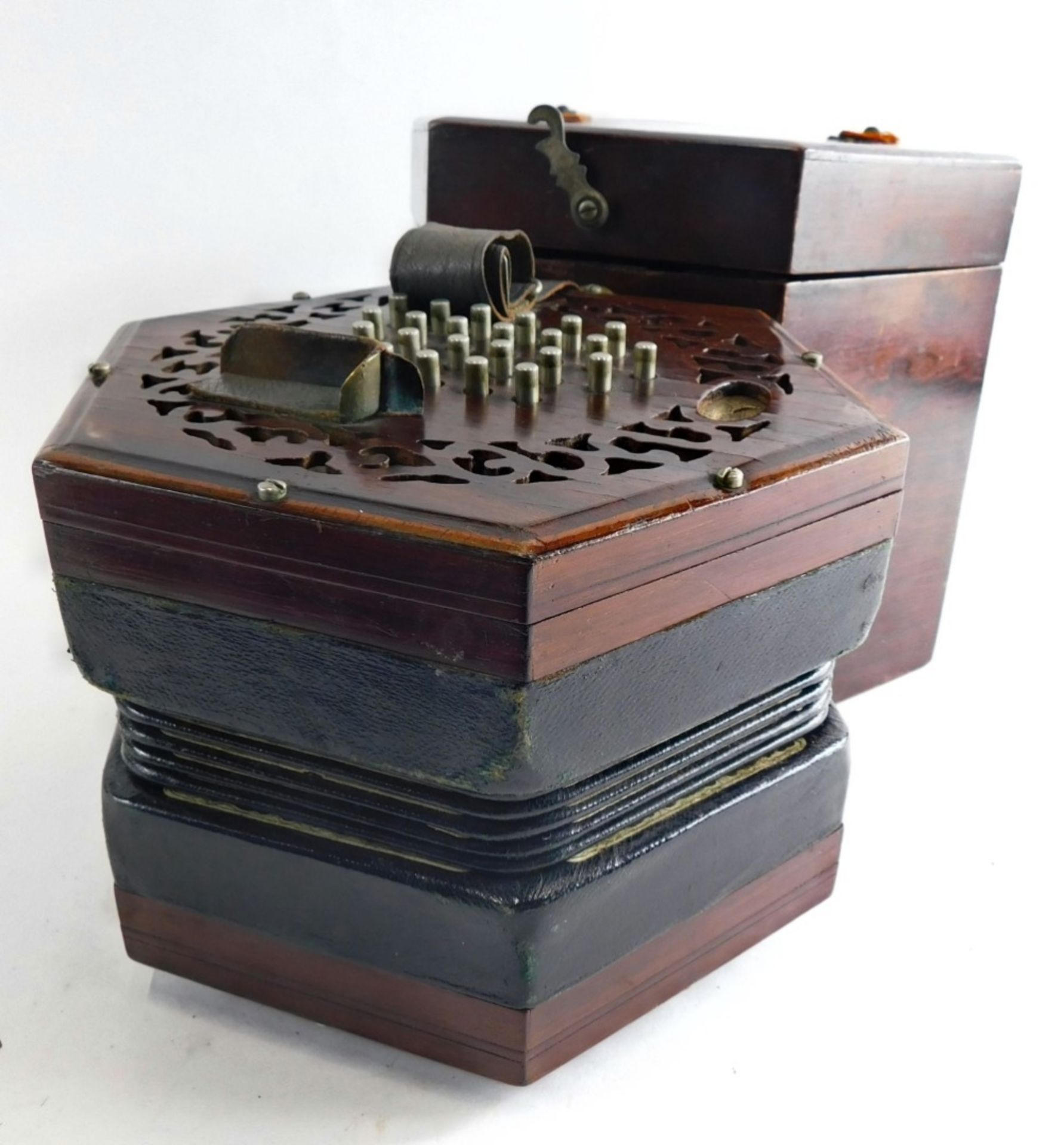 A 19thC Lachenal and Co London concertina, with 48 chrome buttons, in fitted case, 19cm high, labell - Image 2 of 5