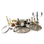 A silver plated three branch candelabrum, 49cm high, brass candlestick, trivet, various copperware,