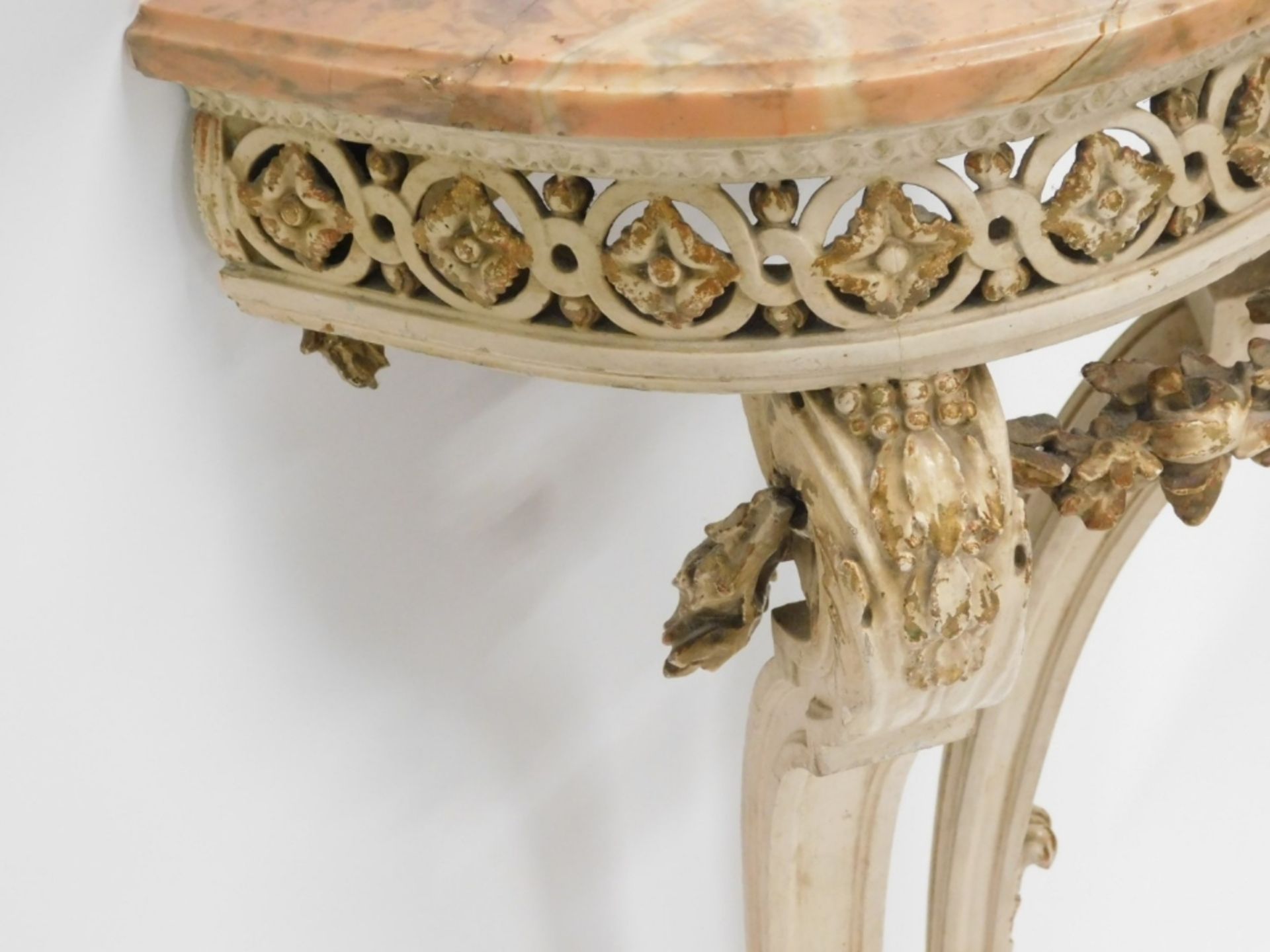 A Continental white painted and parcel gilt wood console table, the pink variegated marble demi lune - Image 2 of 2