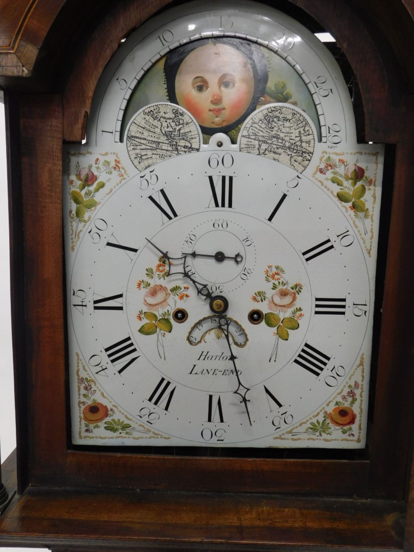 Harlow, Lane-End. An early 19thC moon rolling longcase clock, the 31cm wide painted enamel Roman num - Image 2 of 3