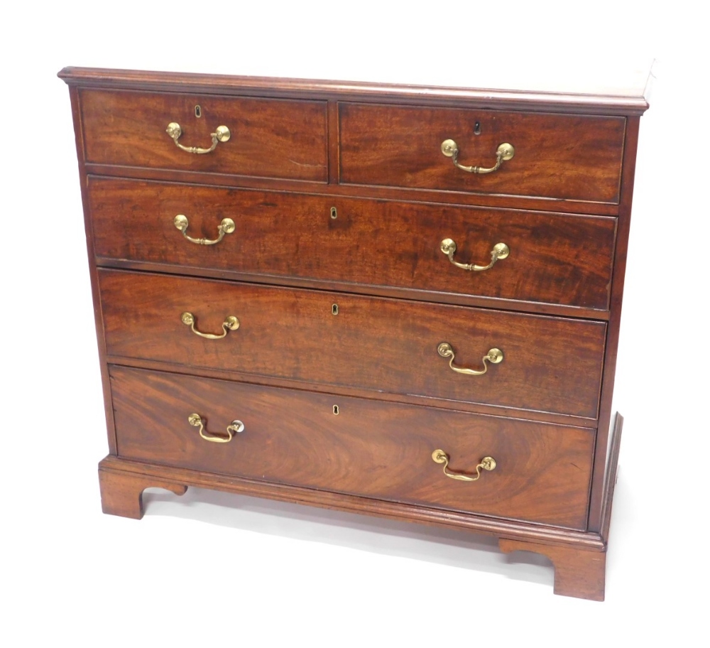 A George III mahogany chest of two short and three long cock beaded drawers, on bracket feet, 106cm