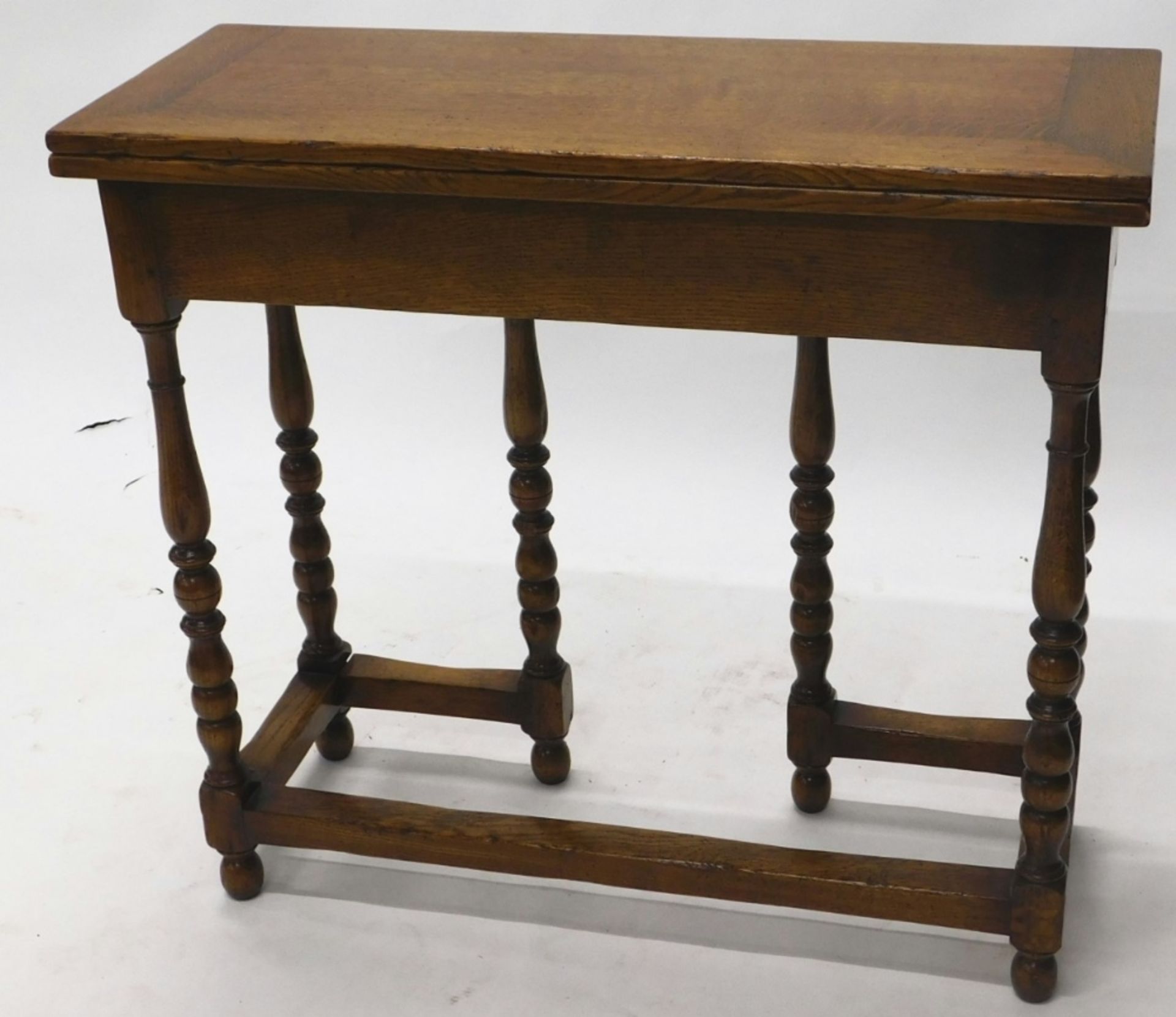 A 20thC oak fold over desk, with a brown leather tooled section with another section for ink bottles - Image 3 of 3