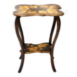 An early 20thC Arts and Crafts pokerwork occasional table, the shaped top decorated with flower hea