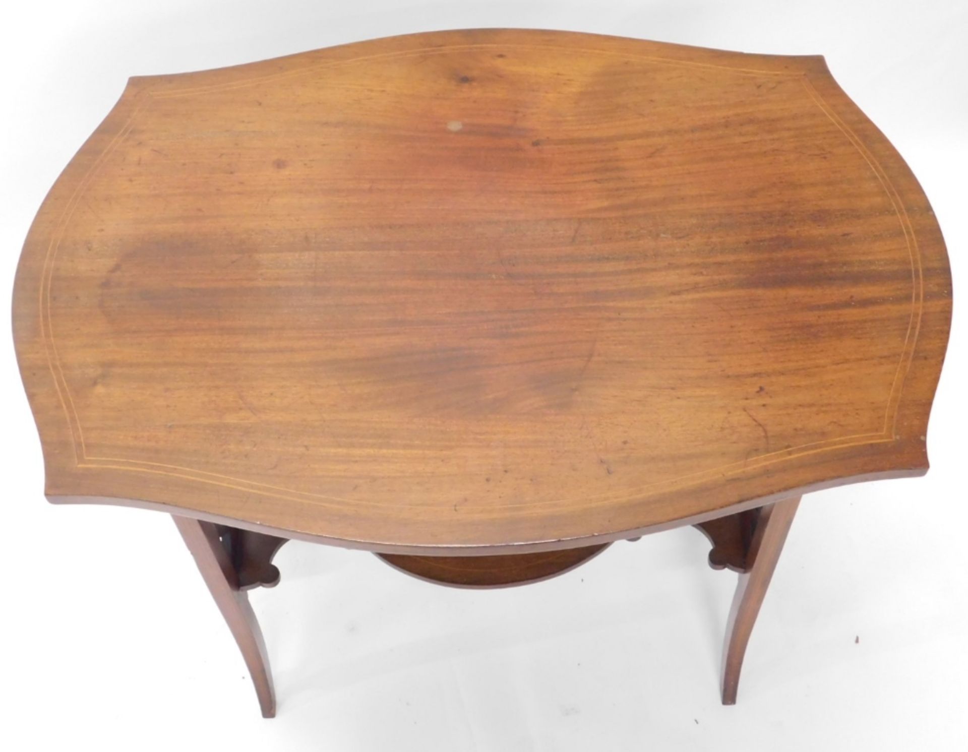 An Edwardian mahogany occasional table, the shaped top with a double line inlay, above lyre supports - Image 2 of 2