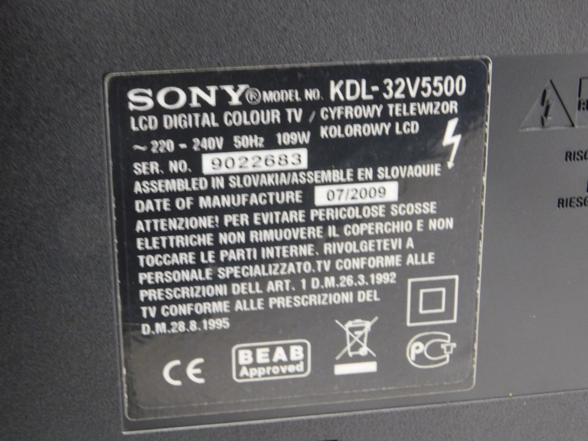 A Sony Bravia KDL-32V5500 32" television, in black, with wire and remote control. - Image 3 of 3