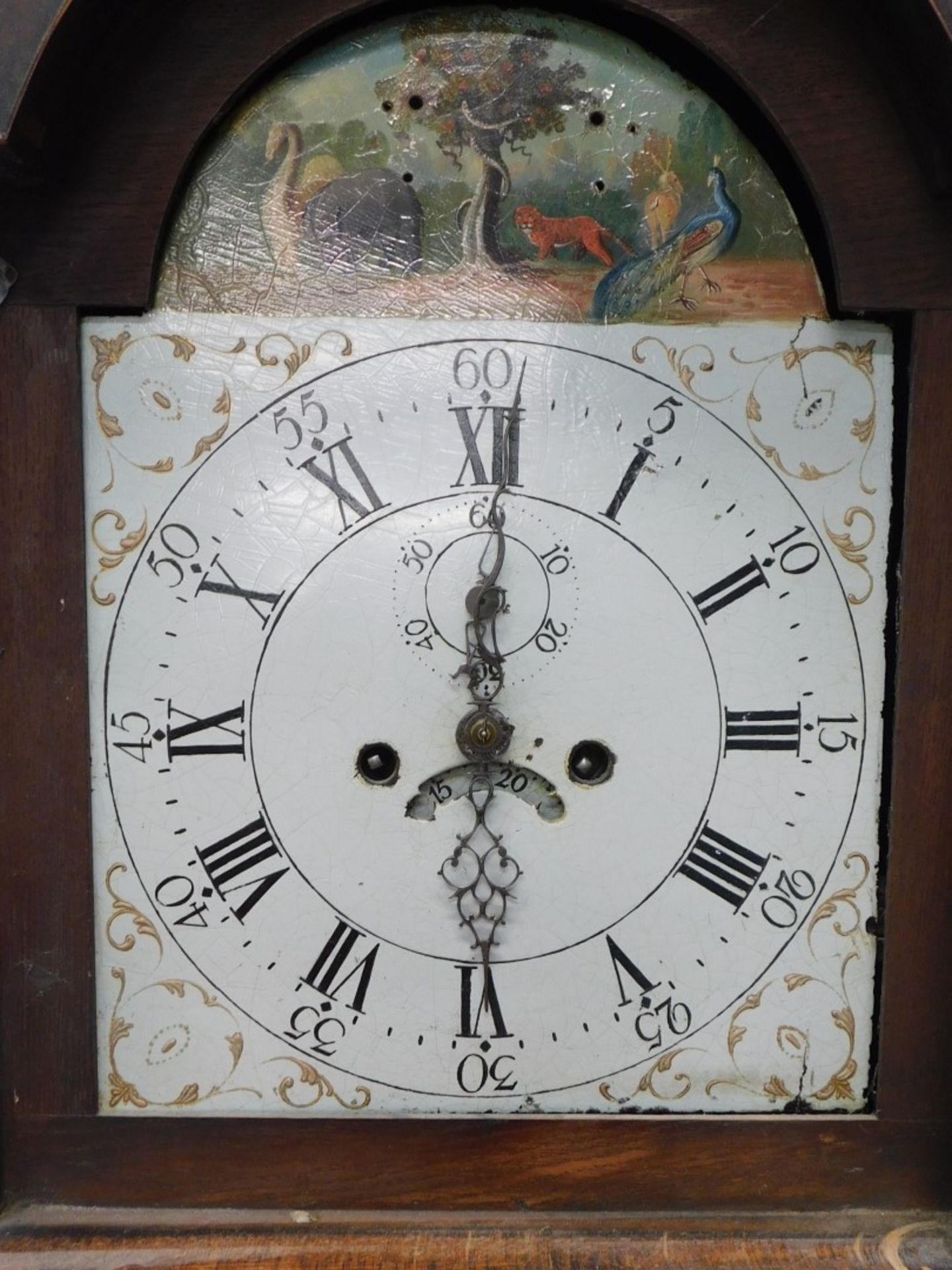 A 19thC oak and mahogany longcase clock, the painted 28cm wide Roman numeric and Arabic arched dial - Image 2 of 4
