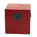 A modern red oriental square box, with heavy lock and plain interior, 47cm high, 47cm wide, 47cm dee