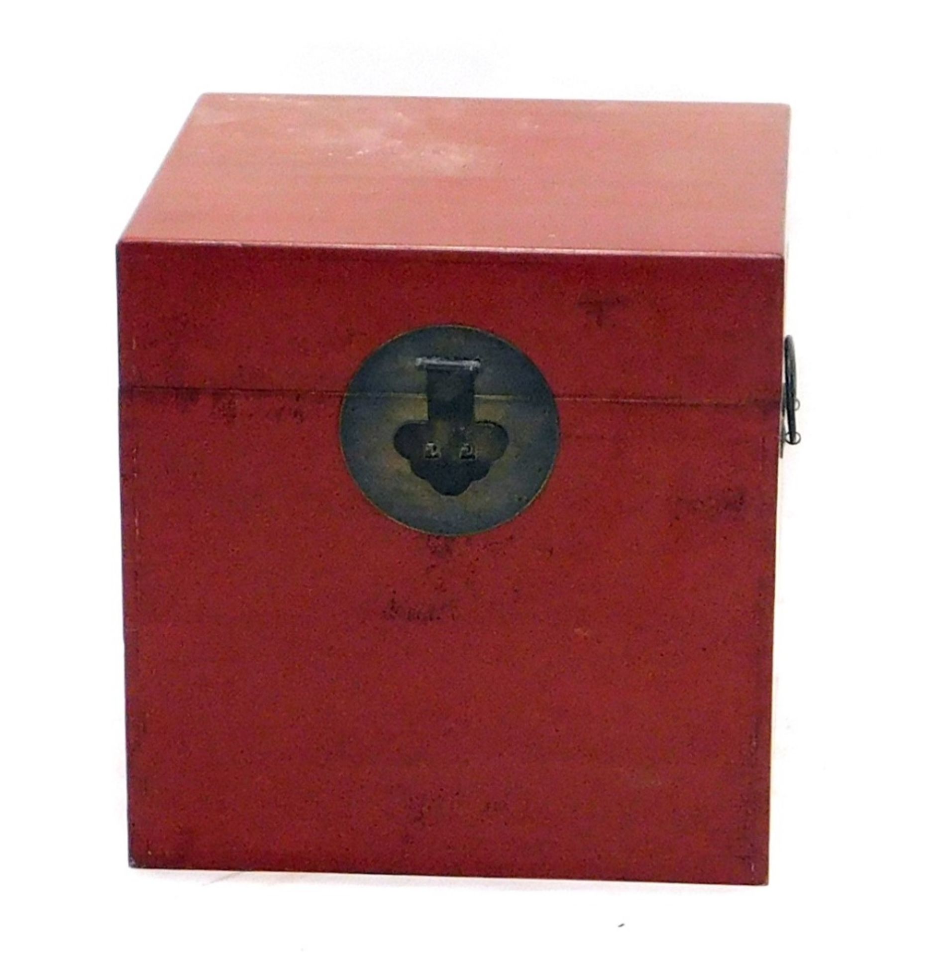 A modern red oriental square box, with heavy lock and plain interior, 47cm high, 47cm wide, 47cm dee